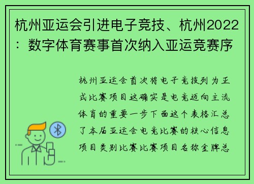杭州亚运会引进电子竞技、杭州2022：数字体育赛事首次纳入亚运竞赛序列